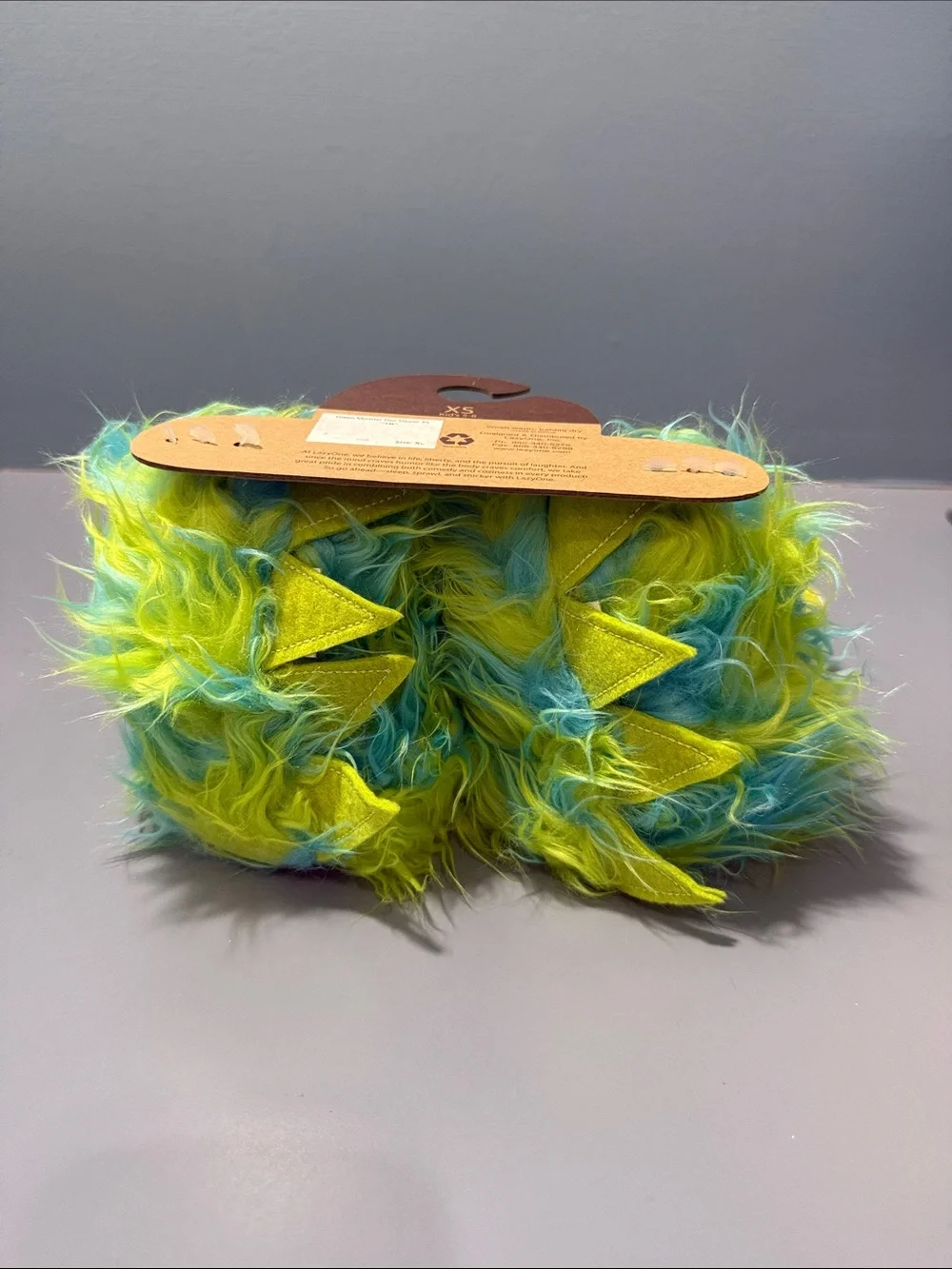Lazy One Kids Fuzzy Monster Slippers in Neon Green & Aqua Blue